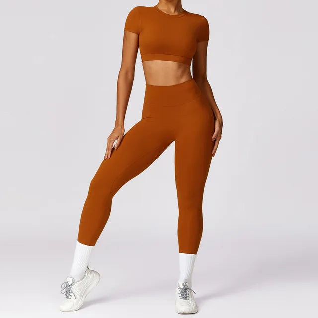 Sportswear Gym Clothing Fitness Short Sleeve Crop Top High Waist Leggings Sports Suits