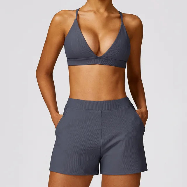 Women Tracksuit 2PCS Yoga Set Ribbed Workout Sportswear Gym Clothing