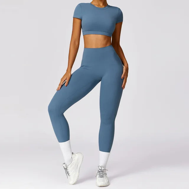Sportswear Gym Clothing Fitness Short Sleeve Crop Top High Waist Leggings Sports Suits