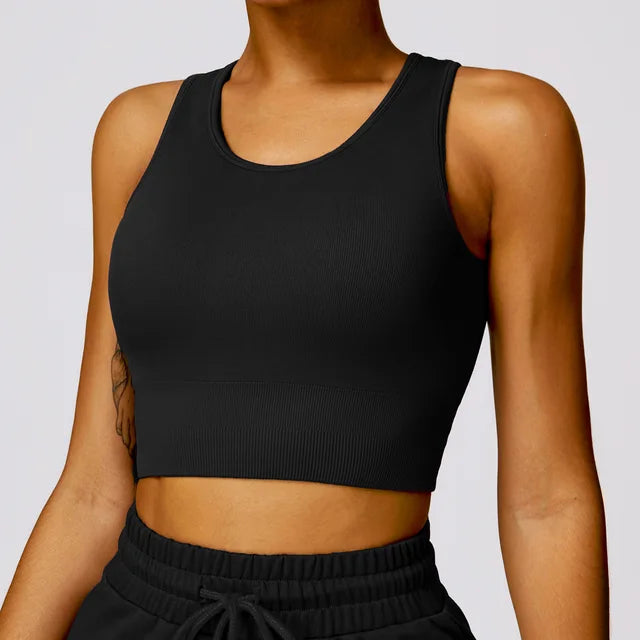 High Strength Sport Bra Women Rib-Knit Yoga Vest Round Neck Athletic