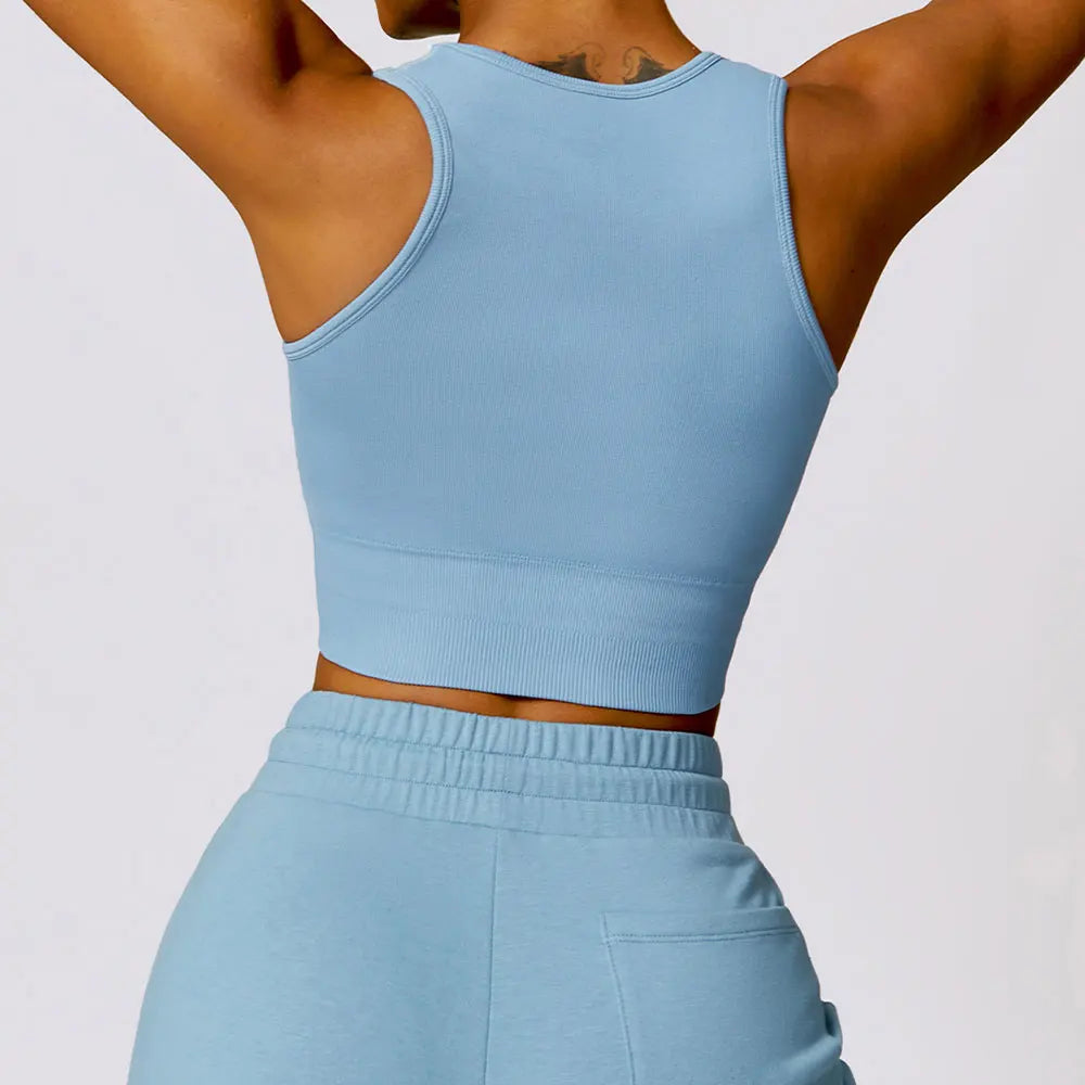 High Strength Sport Bra Women Rib-Knit Yoga Vest Round Neck Athletic